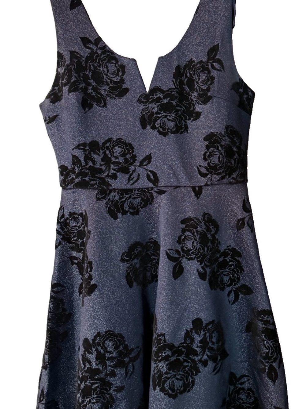 Mi Ami Large Navy Blue Floral Midi Dress with Black Flocked Burnout Velvet Roses - Picture 2 of 7